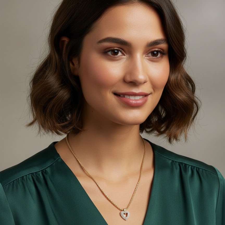 goldplated rolex style heart pendant and chain necklace with cubic zirconia